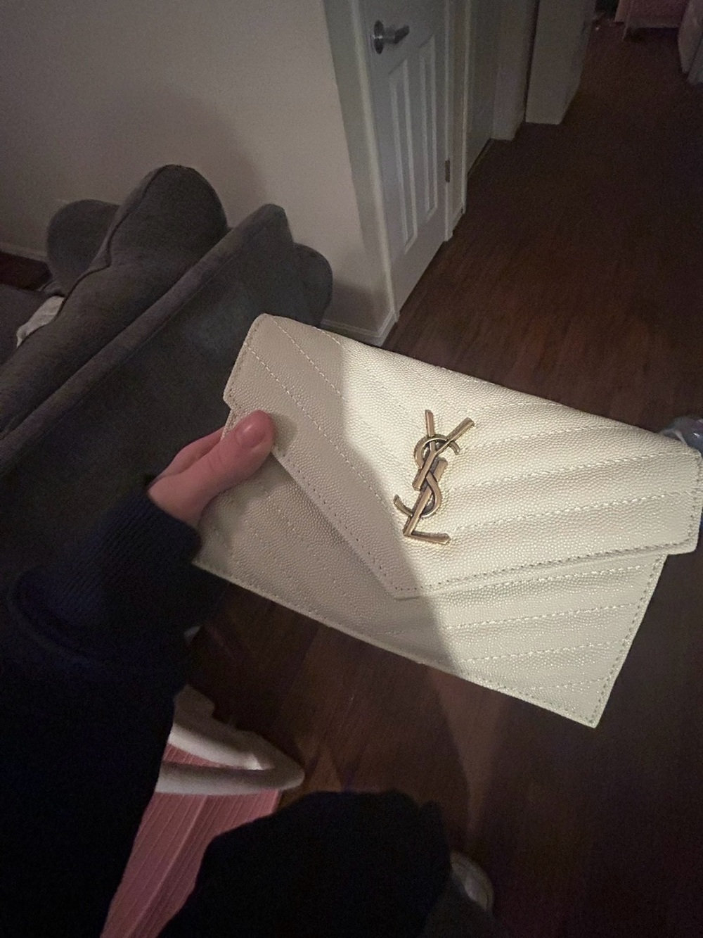 Saint Laurent Cream Quilted Envelope Clutch with Gold YSL Hardware